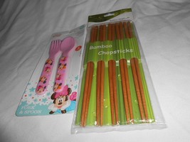 New lot 5 pairs 9 inch Bamboo Chopsticks &amp; Disney Minnie Mouse Fork &amp; Sp... - $11.87