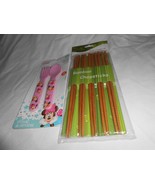 New lot 5 pairs 9 inch Bamboo Chopsticks & Disney Minnie Mouse Fork & Spoon set - £9.54 GBP