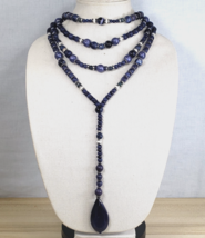 CHICO'S 4 Strand Navy Blue Beaded Dangle Pendant Silver Tone Spacers 18"... - $38.47
