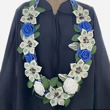 Graduation Money Lei Flower Leaf Blue &amp; White Four Braided Ribbon Foam Roses - £77.67 GBP