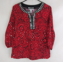 Cathy Daniels Women&#39;s Beaded Red &amp;  Black Sequined Beaded Blouse Size Medium - £10.80 GBP