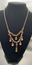 Chandelier Style Necklace AB Rhinestone Cognac Amber Colored Gold Tone Metal - £15.73 GBP