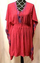 Umgee Pink Kaftan Elastic Waist VNeck Blue Embroidery BOHOBlouse Tunic Mini Sz M - £7.11 GBP