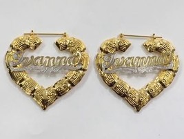 Personalized 14k Gold Overlay Any Name hoop Earrings Heart Bamboo 3 inch - £31.44 GBP