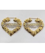 Personalized 14k Gold Overlay Any Name hoop Earrings Heart Bamboo 3 inch - £31.28 GBP