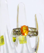 Fire Opal Oval &amp; White Topaz Square Ring, Platinum / Silver, Size 7, 1.2... - $65.00