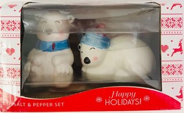 Happy Holidays Christmas Polar Bear Salt &amp; Pepper Shakers White Blue Red - £7.77 GBP