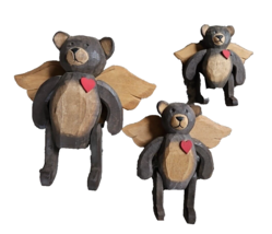 Set of 3 Vintage Carved Wood Teddy Bear Moveable Arms Legs Angel Wings - £21.35 GBP