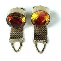 Vintage Mid Century Yellow red Orange Glass Gold Tone Mesh Wrap Around Cufflinks - £27.88 GBP