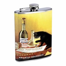 Absinthe Bourgeois Black Cat Flask D62 8oz Stainless Steel Cat Drinking on Table - £11.89 GBP