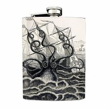 Kraken Vintage Octopus Design 02 Flask 8oz Stainless Steel Ship Attack B&amp;W - £11.78 GBP