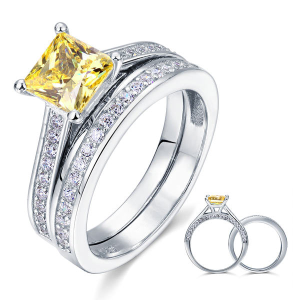 1.5 Carat Princess Cut Yellow Canary Created Diamond 925 Silver Wedding Ring Set - $149.99