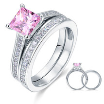 1.5 Carat Princess Cut Fancy Pink Created Diamond 925 Silver Wedding Ring Set - $149.99