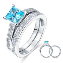 1.5 Carat Princess Cut Fancy Blue Created Diamond 925 Silver Wedding Ring Set - $149.99