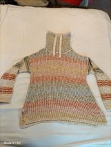 Tribal Long Draw String Neck Boho Pastel Striped Knit Sweater Size S - £13.93 GBP
