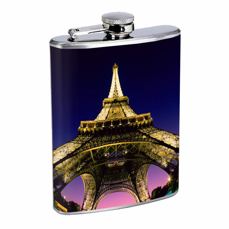 Paris Flask D5 8 oz Stainless Steel France Eiffel Tower Bright City Lights