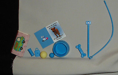 Primary image for Barbie doll puppy pet dog accessory vintage lot blue bone bowl ball book toy mor