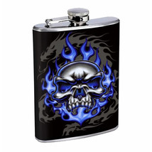 Skull Flask 8 Oz Stainless Steel Silver D 15 Blue Fire Flames - £11.81 GBP