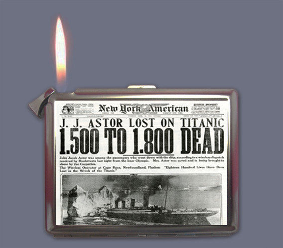 TITANIC NEWSPAPER FRONT PAGE STORY CIGARETTE CASE LIGHTER SLIVER METAL WALLET