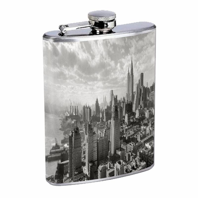 Vintage New York City Silver Hip Flask D1 8oz Stainless Steel Old Fashioned