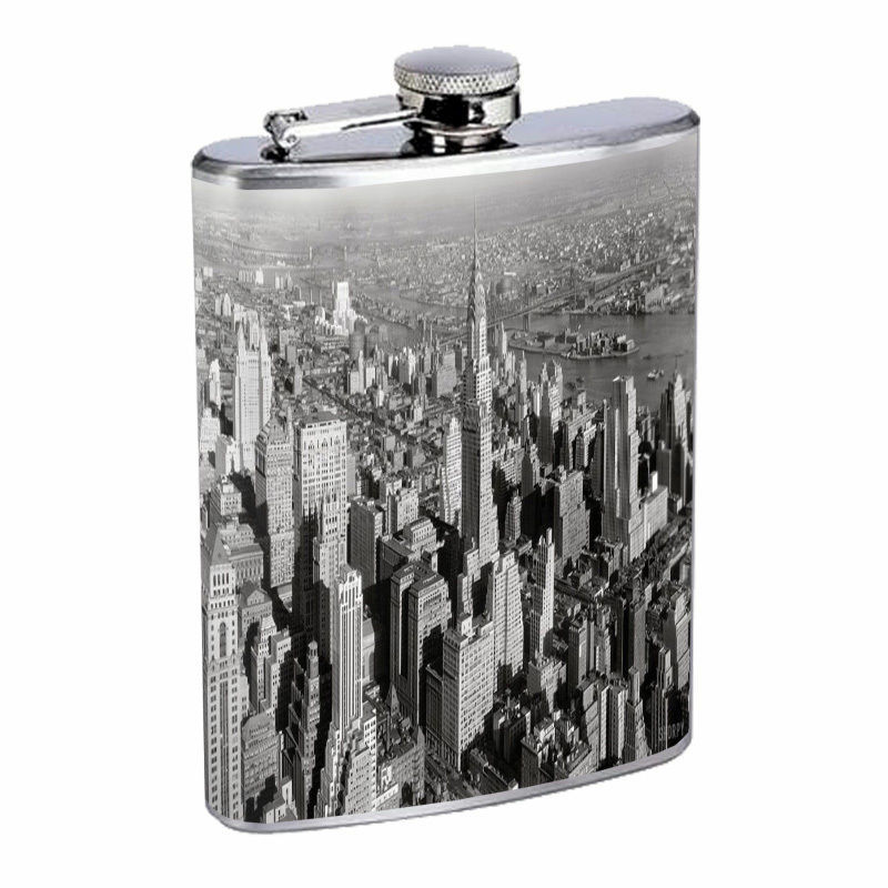 Vintage New York City Silver Hip Flask D5 8oz Stainless Steel Old Fashioned