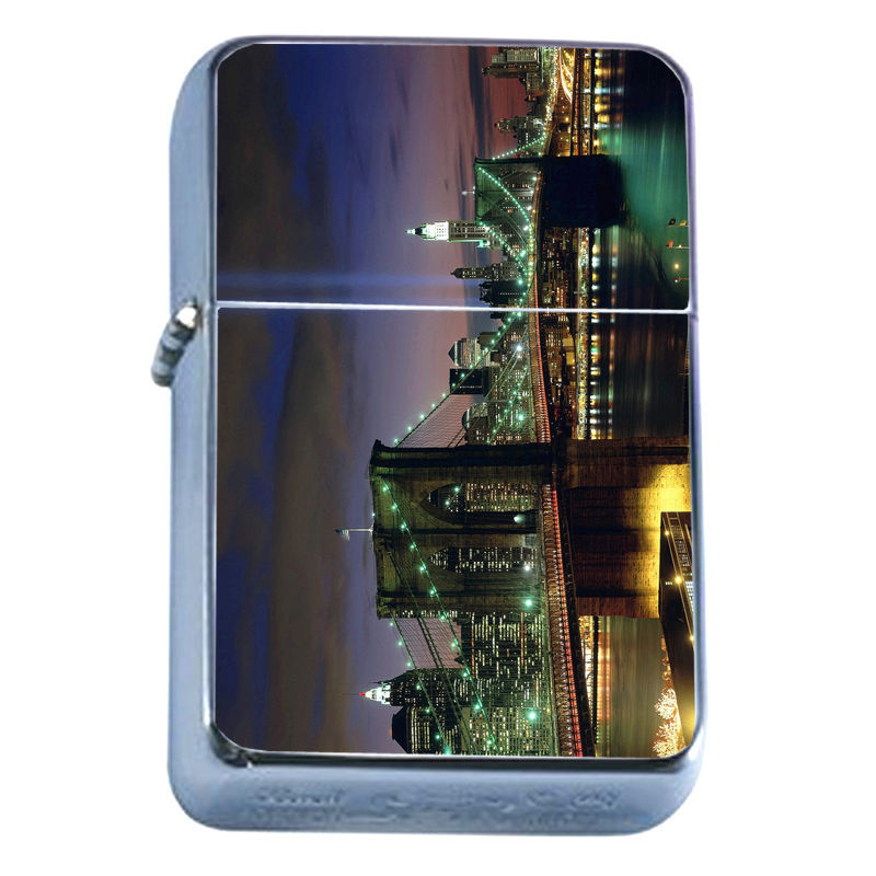 Windproof Refillable Flip Top Oil Lighter New York D5 Skyline Brooklyn Bridge
