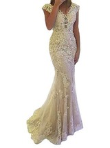 V Neck Sheer Beaded Lace Tulle Long Mermaid Evening Prom Dresses Champagne US 16 - £102.84 GBP