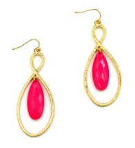 Women new gold figure 8 fuchsia pink tear drop stone dangle pierced earrings - $9,999.00