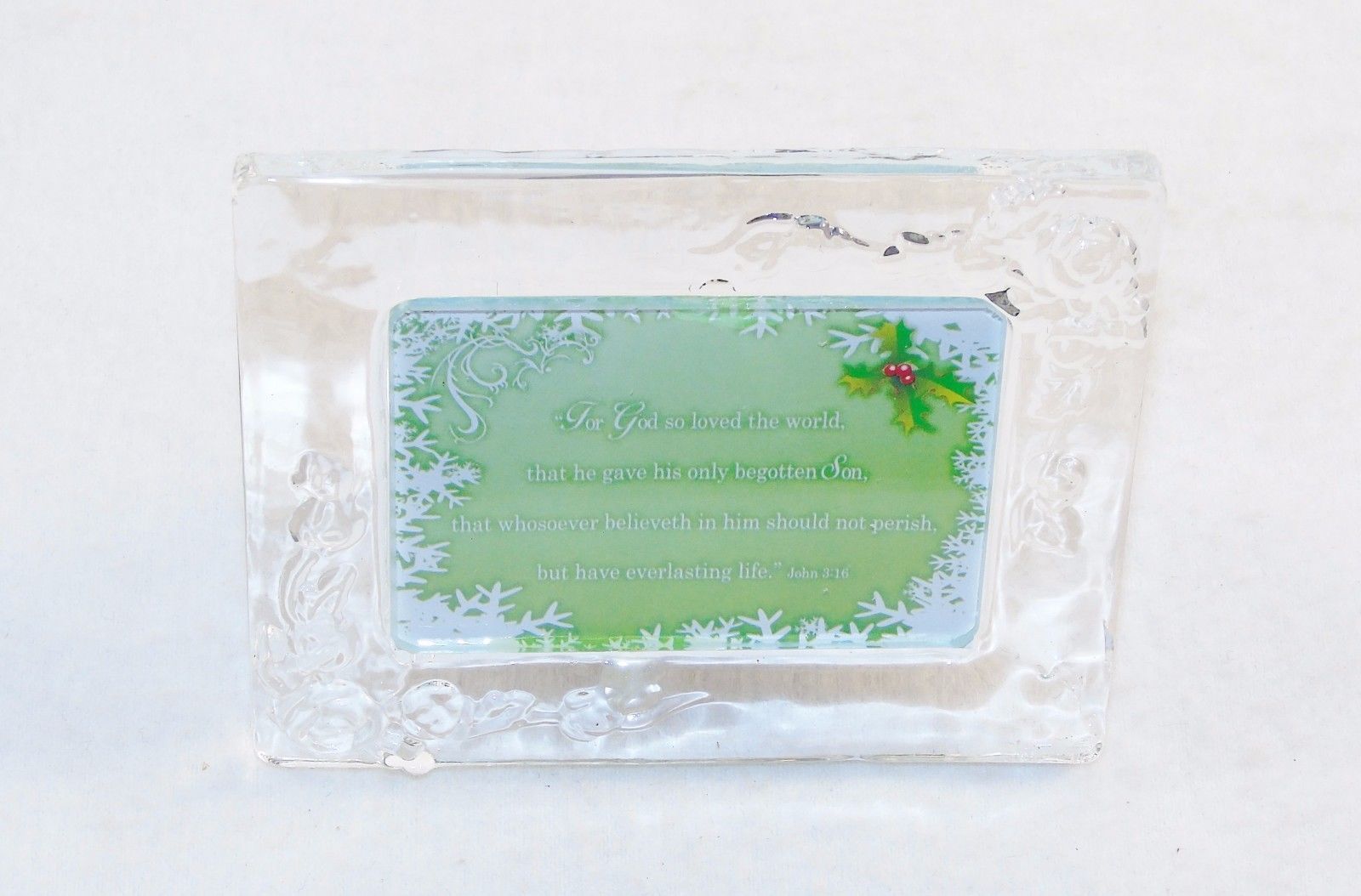 Holiday Glass Frame Shelf Ornament w/Bible Verse John 3:16. Christmas Ba... - $3.91