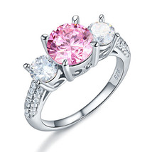 925 Sterling Silver 3-Stone Ring 2 Carat Created Fancy Pink Vintage Style - $119.99