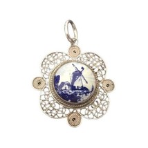 Antique Dutch Pendant Filigree Silver Painted Vindmill On Porcelain Art Nouveau - £92.67 GBP