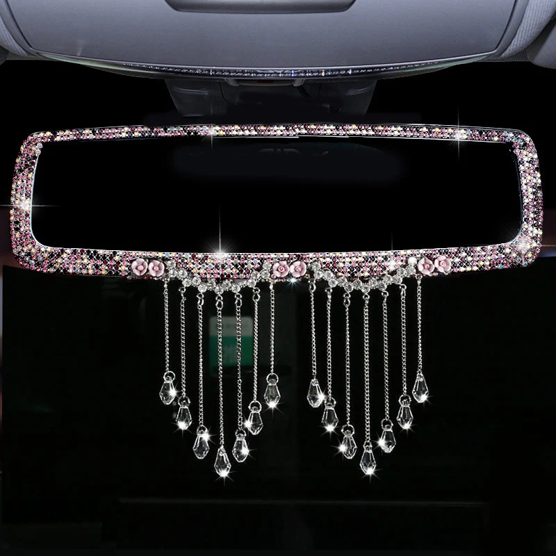 Creative Rhinestone Tassels Car Interior Rearview Mirror Decoration Charm Flower - £30.59 GBP