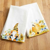 Bee Hive and Gnome Kitchen Tea Towels Daisy Honeybees Cotton Floral Set of 2 NEW - £12.60 GBP