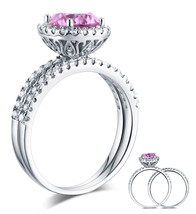 925 Sterling Silver Engagement Halo Ring Set 2 Carat Fancy Pink Lab Diamond - $149.99