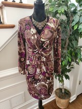 Ellen Parker Women Brown Floral Polyester V-Neck Long Sleeve Knee Length Dress M - £21.53 GBP