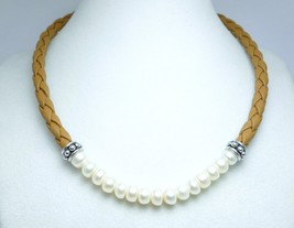 Cultured Freshwater Honora Pearl Braided Tan Leather 16&quot; Sterling Necklace - £54.25 GBP