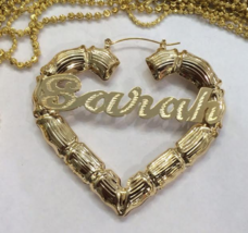 Personalized 14k Gold Overlay Any Name heart hoop Earrings Bamboo Earrin... - £23.53 GBP