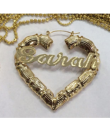 Personalized 14k Gold Overlay Any Name heart hoop Earrings Bamboo Earrin... - $41.10 CAD