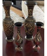 Vintage Black Red and Gold Metal Turned Vases Floral Etched Decorated - $36.63