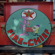 Vintage 1963 Texaco Fire-Chief Gasoline 'Pink Panther' Porcelain Gas & Oil Sign - $125.00