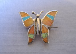 Sunrise Inlay Butterfly Pin Brooch Orange Spiney Turquoise Sterling Silver - £187.84 GBP