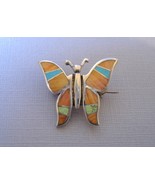 Sunrise Inlay Butterfly Pin Brooch Orange Spiney Turquoise Sterling Silver - £187.81 GBP