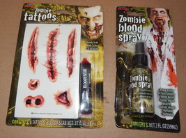 Halloween Zombie Blood Spray Pump 2 oz &amp; 6 Tattoos Fun World Bloody Scab 71I - £5.57 GBP