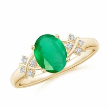 ANGARA Solitaire Oval Emerald Criss Cross Ring with Diamonds in 14K Gold - £714.13 GBP