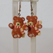 Teddy Bear Earrings Wearing Candy Cane Scarf Christmas Vintage Small Resin Brown - £9.16 GBP