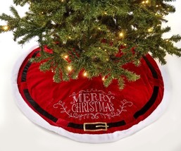 Christmas Tree Skirt Santa Suit Design 48" Diameter Red Black Belt Polyester