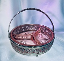 Pink Depression Glass Divided Candy Dish with Chrome Basket - £25.17 GBP