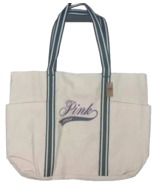 Victoria Secret Pink Logo Cream Canvas TOTE BAG with green strap Lmt Ed NEW - $17.76 CAD