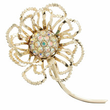 Vintage Sarah Coventry 3 1/2&quot; AB Rhinestone Flower Gold Tone Pin Brooch - £11.78 GBP