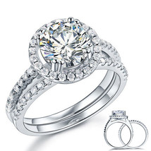 925 Sterling Silver Wedding Engagement Halo Ring Set 2 Carat Created Diamond  - £103.07 GBP